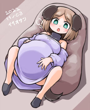 1girl absurdres bare_shoulders belly big_belly breasts giving_birth hand_on_own_stomach highres kugelschreiber open_mouth original pregnant short_hair spread_legs stomach