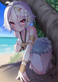 1girl absurdres antenna_hair armlet baicha bare_legs bare_shoulders barefoot beach blush bracer breasts bush clothes_pull collarbone covered_navel eyebrows_hidden_by_hair female_focus flower hair_between_eyes hair_flower hair_ornament halterneck highres jewelry kneeling kokkoro_(princess_connect!) kokkoro_(summer)_(princess_connect!) looking_at_viewer nipples one-piece_swimsuit one-piece_swimsuit_pull one_breast_out pointy_ears princess_connect! red_eyes shade short_hair silver_hair small_breasts solo split_mouth sweat swimsuit thigh_gap tree under_tree water