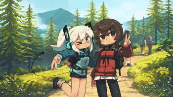 &gt;_o 2girls 3others absurdres aqua_eyes aqua_nails backpack bag bare_legs black_pants blush borrowed_character brown_eyes brown_hair commentary day electric_plug electric_plug_tail english_commentary forest grass hair_between_eyes hair_flaps hand_on_another&#039;s_shoulder heart highres kuruna_(pixel_princess_blitz) long_hair long_sleeves looking_at_viewer mountainous_horizon multiple_girls multiple_others nail_polish nature o3o one_eye_closed original outdoors pants pine_tree pixel_princess_blitz ponytail porforever robot_ears short_hair short_shorts shorts star-shaped_pupils star_(symbol) symbol-shaped_pupils tail tree v white_hair