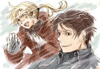 2boys age_difference alphonse_elric androgynous black_eyes black_hair black_shirt blonde_hair blue_background coat conqueror_of_shambala fullmetal_alchemist gloves kiwakiwa long_hair looking_away lowres male_focus military military_uniform multiple_boys open_mouth ponytail red_coat roy_mustang shirt short_hair simple_background smile white_background yellow_eyes