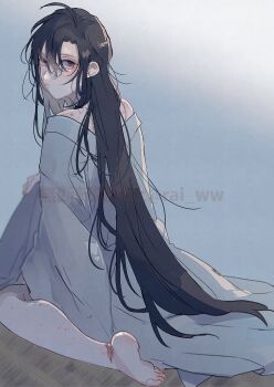 1boy ahoge alternate_costume alternate_hairstyle amana_raika androgynous bare_shoulders barefoot bite_mark black_hair blue_background blush closed_mouth feet from_behind girly_boy gradient_background grey_hanfu hair_between_eyes hair_down hickey highres implied_yaoi long_hair long_sleeves looking_at_viewer looking_back male_focus messy_hair modao_zushi off_shoulder on_floor purple_eyes robe rope_marks sidelocks sitting soles solo twitter_username very_long_hair wariza watermark wei_wuxian wide_sleeves