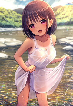 1girl :d absurdres armpit_crease artist_name bare_arms bob_cut breasts brown_hair cleavage cloud cloudy_sky collarbone cowboy_shot dengeki_moeoh dress fang hair_behind_ear head_tilt highres leaning_forward lens_flare light_blush looking_at_viewer magazine_scan medium_breasts no_bra open_mouth original outdoors page_number pink_eyes scan see-through_clothes see-through_dress short_hair skin_fang skirt_hold sky smile solo sparkle sundress sunlight tan tanline third-party_source tree u_rin water wet wet_clothes wet_dress wet_hair white_dress