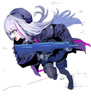 1girl absurdres beret black_hat black_jacket black_pantyhose black_shoes blue_eyes commentary desert_tech_mdr full_body girls&#039;_frontline gloves gun hat highres holding holding_gun holding_weapon jacket long_hair mdr_(girls&#039;_frontline) multicolored_hair open_mouth pantyhose pink_hair ruppu shoes simple_background solo streaked_hair sweatdrop teeth trigger_discipline weapon white_background white_gloves white_hair