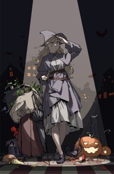 Rule 34 | 1girl, absurdres, backpack, bag, bat (animal), belt, black cat, black shoes, black umbrella, blonde hair, blue bag, candle, capelet, cat, city, commentary request, flower, full body, green eyes, hair between eyes, hat, highres, jack-o'-lantern, long hair, long sleeves, mandragora, original, outdoors, purple capelet, purple hat, purple skirt, sendai (nazonomono), shading eyes, shirt, shoe belt, shoes, skirt, solo, umbrella, white shirt, witch hat