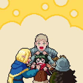 &gt;_&lt; 2boys 2girls ^_^ animal_ears animated animated_gif arm_guards armor artist_name belt black_hair blonde_hair blue_capelet blue_robe brown_coat bubble capelet cat_ears cat_girl cat_tail closed_eyes coat commentary dungeon_meshi dwarf ears_down elf english_commentary enpera facing_another fake_horns green_hair grey_hair hair_down hands_on_another&#039;s_head hands_up helmet hood hood_down hooded_capelet horned_helmet horns izutsumi laios_touden long_hair long_sleeves looking_at_another marcille_donato mismatched_animal_ear_colors mohammed_bali multiple_boys multiple_girls open_mouth petting pixel_art plate_armor pointy_ears red_scarf robe scarf scratching_head senshi_(dungeon_meshi) short_hair surrounded tail winter_clothes yellow_background yellow_eyes