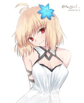 1girl ahoge arcueid_brunestud arcueid_brunestud_(clad_in_glacier) arms_behind_back bare_shoulders black_ribbon blonde_hair blue_flower blush breasts cleavage commentary dress elbow_gloves flower gloves hair_flower hair_intakes hair_ornament head_tilt highres kevin3rd looking_at_viewer official_alternate_costume red_eyes ribbon short_hair smile symbol-only_commentary tsukihime tsukihime_(remake) upper_body white_background white_dress white_gloves