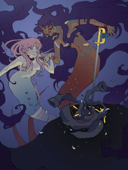 2girls absurdly_long_hair aiguillette alternate_species arm_tattoo bandaged_tail bindi blue_background blue_eyes blue_tail breasts commentary dark-skinned_female dark_skin earrings english_commentary epaulettes fins fish_tail frown gold_earrings gradient_skin green_eyes himemiya_anthy hip_tattoo holding_hands jacket jewelry long_hair looking_at_object mermaid monster_girl multiple_girls no_shirt nude open_mouth petals pink_hair purple_hair rapier red_tail ring shoujo_kakumei_utena shoulder_tattoo small_breasts smile stitched_tail stitches sword sword_of_dios tail tattoo tenjou_utena underwater unworn_jacket very_long_hair weapon wrist_tattoo yutaan