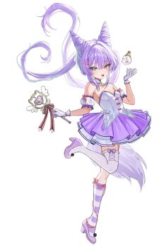 Rule 34 | 1girl, :d, absurdres, ankle bow, ankle ribbon, asymmetrical legwear, bare shoulders, blue eyes, bow, bow legwear, breasts, cone hair bun, detached collar, detached sleeves, double bun, dress, fang, floating hair, footwear bow, frilled gloves, frills, full body, garter straps, gloves, hair between eyes, hair bun, hair intakes, hair ornament, hairclip, hand up, hashtag-only commentary, heart, heterochromia, high heels, highres, holding, holding wand, kneehighs, layered dress, layered skirt, leg ribbon, leg up, long hair, looking at viewer, magical girl, mismatched legwear, open mouth, pink bow, pleated dress, pleated skirt, puffy detached sleeves, puffy short sleeves, puffy sleeves, purple hair, purple shoes, purple skirt, purple socks, ribbon, shoes, short sleeves, sidelocks, simple background, single kneehigh, single sock, single thighhigh, skirt, small breasts, smile, socks, solo, standing, standing on one leg, stellive, strapless, strapless dress, striped clothes, striped socks, striped thighhighs, tachi-e, tail, tenko shibuki, thighhighs, transparent background, twintails, very long hair, virtual youtuber, wand, white background, white gloves, white thighhighs, yamu (yamu 030), yellow eyes