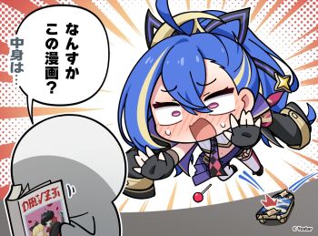 1girl 1other ahoge black_gloves black_jacket black_shorts blonde_hair blue_hair blush candy chibi chibi_only chupa_chups commentary_request crop_top embarrassed emphasis_lines fingerless_gloves food gloves hair_between_eyes half-skirt halftone halftone_background high_ponytail highres jacket jacket_on_shoulders jumping lollipop long_hair lunging manga_(object) minova_(stella_sora) motion_lines nako775 navel nervous_sweating nose_blush official_art open_mouth pink_eyes ponytail purple_skirt reading red_thighhighs short_shorts shorts skateboard skirt speech_bubble stella_sora sweat thighhighs translation_request very_long_hair