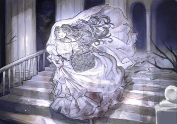 1girl bag bare_tree black_hair branch breasts bridal_veil cleavage clothes_lift dress dress_lift falling_money floating_hair frilled_sleeves frills full_body glint highres holding holding_bag layered_dress light_particles long_hair looking_at_viewer mei_mezu money noose_necktie open_mouth original railing running slippers solo stairs tree veil very_long_hair white_dress wind