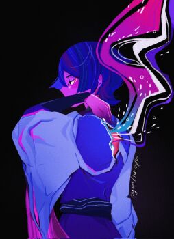 Rule 34 | 1boy, arm armor, arm up, back, belt, black background, black eyes, blue belt, blue hair, blue shirt, blue vest, blush, blush stickers, colored skin, commentary, covered mouth, detached sleeves, english commentary, genshin impact, hair between eyes, hand up, highres, illytto, long sleeves, looking to the side, purple skin, scaramouche (genshin impact), scaramouche (kabukimono) (genshin impact), shirt, short hair, simple background, solo, standing, vest, wide sleeves