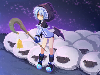 1girl bad_id bad_pixiv_id bat_wings bell blue_hair blush_stickers butt_wings gloves grass hood kaka_cheung low_wings night original parted_lips sheep short_shorts shorts skull sky staff star_(sky) starry_sky wings yellow_eyes