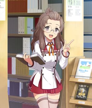 1girl :d bangs_pinned_back book bookshelf brown_hair brown_thighhighs buttons cowboy_shot double-breasted forehead fukuda_sawano game_cg glasses hands_up holding holding_book index_finger_raised indoors library long_hair long_sleeves looking_at_viewer low-tied_long_hair magazine_rack minoseki_academy_school_uniform official_art open_book open_mouth purple_eyes red_sailor_collar red_skirt ribbon sailor_collar school_uniform shirt skindentation skirt smile solo teeth thighhighs third-party_source toji_no_miko toji_no_miko:_kizamishi_issen_no_tomoshibi upper_teeth_only white_shirt yellow_ribbon