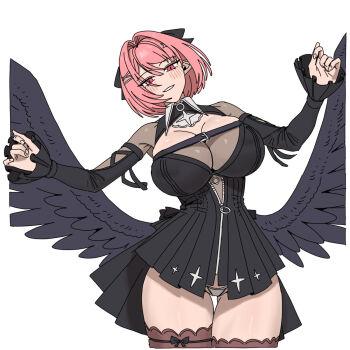 1girl black_bow black_dress black_wings blush bow breasts brown_thighhighs chest_belt cleavage commentary_request cowboy_shot dress gluteal_fold hair_bow hair_ornament hairclip hands_up highres korean_commentary large_breasts leaning_to_the_side looking_at_viewer low_wings medium_hair panties parted_lips pink_eyes pink_hair pointy_ears radiocupcake remielle_dan simple_background smile solo thighhighs underwear white_background white_panties wings zenless_zone_zero