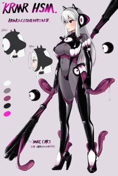1girl absurdres bodystocking bodysuit boots breasts color_guide commentary_request corruption covered_navel dark_persona elbow_gloves full_body gloves grey_background hasumi_(mission_mermaiden) high_heel_boots high_heels highres holding holding_weapon impossible_clothes kitasshi kuromaru_(mugen) large_breasts latex latex_bodysuit living_clothes long_hair mission_mermaiden original pink_eyes polearm possessed purple_eyes red_eyes reference_sheet simple_background skin_tight smile solo staff standing tentacles thigh_boots thighhighs weapon white_hair