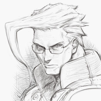 1girl charlie_nash commentary_request crosshatching glasses greyscale hatching_(texture) kuroneco monochrome short_hair signature solo street_fighter