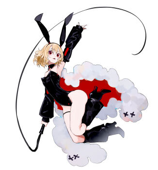 Rule 34 | 1girl, absurdres, animal ear hairband, animal ears, arm up, black boots, black leotard, blonde hair, boots, breasts, cape, commentary, detached collar, detached sleeves, english commentary, eudetenis, fake animal ears, full body, fur-trimmed cape, fur trim, hairband, high heel boots, high heels, highres, holding, holding whip, leotard, looking at viewer, open mouth, original, playboy bunny, rabbit ears, red cape, red eyes, short hair, small breasts, solo, strapless, strapless leotard, teeth, thigh strap, upper teeth only, whip, white background