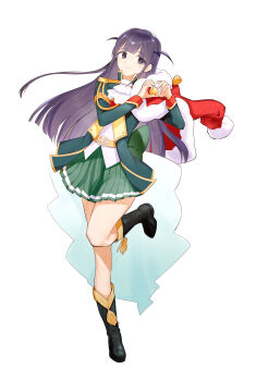 1girl absurdres ascot back_bow belt belt_buckle black_boots blunt_bangs blunt_ends boots bow buckle closed_mouth epaulettes floating_hair full_body fur-trimmed_jacket fur_trim green_bow green_eyes green_skirt hashtag-only_commentary heart heart_hands high_collar highres jacket jacket_on_shoulders knee_boots leg_up light_blush long_hair long_sleeves looking_at_viewer miniskirt nalssi_lev open_clothes open_jacket pleated_skirt purple_eyes purple_hair red_jacket shirt shoujo_kageki_revue_starlight sidelocks simple_background single_stripe skirt smile solo standing standing_on_one_leg striped_clothes striped_skirt tassel tsuyuzaki_mahiru two_side_up very_long_hair waist_cape white_ascot white_background white_shirt yellow_belt
