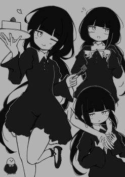 1girl :q absurdres arms_around_neck averting_eyes bird blunt_bangs blush commentary_request disembodied_hand dress flying_sweatdrops fork greyscale heart highres holding holding_fork holding_plate inabakumori index_fingers_together juliet_sleeves long_hair long_sleeves looking_at_viewer low_twintails monochrome multiple_views osage_(nukunuku_nigirimeshi) plate puffy_sleeves short_dress smile spot_late_(vocaloid) standing standing_on_one_leg tearing_up tongue tongue_out twintails uki_blove