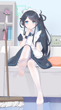 1girl ? absurdres apron aqua_halo aris_(blue_archive) aris_(maid)_(blue_archive) black_dress black_hair black_wrist_cuffs blue_archive blue_eyes blue_ribbon blush chinese_commentary closed_mouth commentary_request commission couch dress feet frilled_apron frills full_body hair_over_shoulder halo hand_up highres indoors leg_up long_hair looking_at_viewer maid maid_apron maid_headdress neck_ribbon no_shoes official_alternate_costume official_alternate_hairstyle on_couch pantyhose presenting_foot puffy_short_sleeves puffy_sleeves rectangular_halo ribbon ringed_eyes second-party_source short_sleeves side_ponytail sidelocks sitting smile soles solo split_mouth swept_bangs toes variant_set very_long_hair white_apron white_pantyhose wrist_cuffs xiao_shi_lullaby