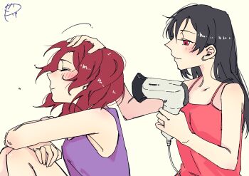 2girls black_hair blush camisole closed_eyes closed_mouth commentary_request drying drying_another's_hair drying_hair hair_dryer hand_on_another's_head highres holding holding_hair_dryer long_hair love_live! love_live!_school_idol_project medium_hair multiple_girls nishikino_maki purple_tank_top red_camisole red_eyes red_hair school_uniform simple_background smile surfacedxxc tank_top yazawa_nico yellow_background