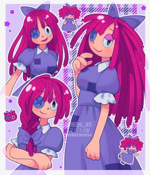 1girl alternate_hairstyle artist_name black_eyes blush border bow braid button_eye buttons chibi chibi_inset closed_mouth collared_dress commentary crossed_arms dress english_commentary eyeshadow frilled_sleeves frills glitch_productions hair_bow halftone long_hair looking_at_viewer makeup maromichan multiple_views open_mouth outline pink_eyeshadow pink_hair puffy_short_sleeves puffy_sleeves purple_background purple_bow purple_dress ragatha_(the_amazing_digital_circus) short_sleeves simple_background smile star_(symbol) the_amazing_digital_circus transparent_border triangle_nose upper_body white_border white_outline