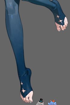 1girl :3 apple arrow_(projectile) art_study black_hat blue_leggings bridal_legwear clothing_cutout food food_on_head fruit fruit_on_head grey_background grey_nails hat highres leg_focus leg_up leggings lower_body nykim0915 object_on_head original simple_background solo star_cutout toenails toes top_hat