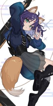 1girl animal_ears arm_belt black_boots blue_nails blue_shirt boots cho_kaguya-hime! colored_inner_hair commentary_request floating forehead_jewel fox_ears fox_girl fox_shadow_puppet fox_tail full_body gem green_eyes highres holding holding_instrument hood hoodie instrument levitation looking_at_viewer multicolored_hair nail_polish platform_boots pleated_skirt purple_hair ranf red_gem sakayori_iroha see-through_clothes see-through_skirt shirt shoe_soles short_hair simple_background skirt solo sparkle tail two-tone_hair white_background