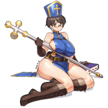 Rule 34 | 1girl, belt, blue dress, book, boots, breasts, brown boots, brown eyes, brown gloves, brown hair, closed mouth, commentary request, cosplay, cross, cross earrings, curvy, dress, earrings, glasses, gloves, hat, highres, huge breasts, imari youko, jewelry, looking at viewer, mitre, pelvic curtain, priest (dq3), priest (dq3) (cosplay), qingmingtongzi, ruri no houseki, sage (dq3), semi-rimless eyewear, short hair, sideboob, sideless dress, sideless outfit, simple background, sitting, smile, solo, staff, thick thighs, thighs, white background, wide hips, yokozuwari