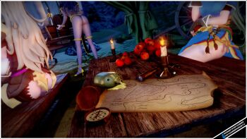 3d 3girls absurdres alternate_costume apple arm_under_breasts barrel bench black_hair black_panties bodystocking bottle breasts carrying female_corrin_(fire_emblem) female_focus fingerless_gloves fire_emblem fire_emblem:_the_blazing_blade fire_emblem_awakening fire_emblem_fates fire_emblem_heroes food fruit gloves grey_hair high_heels highres hotcakesmcnasty intelligent_systems large_breasts liquid long_hair lyn_(fire_emblem) map monocular multiple_girls night nintendo official_alternate_costume outdoors panties pelvic_curtain purple_panties rock sitting sword table telescope tharja_(fire_emblem) underwear very_long_hair wagon weapon