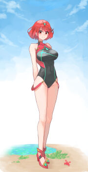 1girl arms_behind_back breasts closed_mouth commentary_request core_crystal_(xenoblade) full_body gari highres large_breasts legs looking_at_viewer official_alternate_costume one-piece_swimsuit pyra_(pro_swimmer)_(xenoblade) pyra_(xenoblade) red_eyes red_hair red_shoes shoes short_hair smile solo swept_bangs swimsuit tiara xenoblade_chronicles_(series) xenoblade_chronicles_2