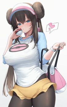1girl absurdres bag black_pantyhose blue_eyes blush breasts brown_hair double_bun hair_bun hat heart highres holding holding_bag holding_poke_ball large_breasts long_hair looking_at_viewer nintendo p00nipooni pantyhose poke_ball poke_ball_(basic) poke_ball_print pokemon pokemon_bw2 raglan_sleeves rosa_(pokemon) shirt shorts simple_background solo sweat twintails visor_cap yellow_shorts