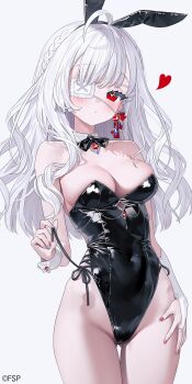 1girl absurdres ahoge animal_ear_hairband animal_ears bare_shoulders black_leotard blush bow bowtie braid breasts bridal_gauntlets bright_pupils cleavage closed_mouth covered_navel crown_braid detached_collar earrings eyepatch fake_animal_ears first_stage_production fymrie gloves grey_nails hairband hakanai_ruby_(vtuber) heart highleg highleg_leotard highres hip_bones jewelry leotard long_hair looking_at_viewer medical_eyepatch medium_breasts multicolored_nails playboy_bunny rabbit_ear_hairband rabbit_ears red_eyes red_nails side-tie_leotard single_glove solo star-shaped_pupils star_(symbol) strapless strapless_leotard symbol-shaped_pupils traditional_bowtie virtual_youtuber white_hair white_pupils white_wrist_cuffs wrist_cuffs