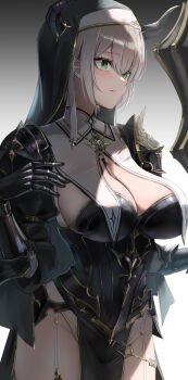 Rule 34 | 1girl, absurdres, armor, black coif, breast curtains, breasts, cleavage, coif, flanged mace, garter straps, gloves, gradient background, green eyes, grey hair, hair between eyes, hana hebi, hand up, highres, holding, holding mace, holding weapon, hololive, horns, jewelry, large breasts, long sleeves, looking to the side, mace, necklace, nun, official alternate costume, official alternate hairstyle, pelvic curtain, pendant, shirogane noel, shirogane noel (battle nun), short hair, solo, sweat, two-tone background, virtual youtuber, weapon, white background, white garter straps