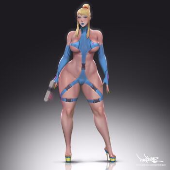 Rule 34 | 1girl, belt, blonde hair, blue eyes, blue lips, blue nails, blush, breasts, breasts apart, bursting breasts, deep skin, elbow gloves, feet, fingerless gloves, gloves, high heels, large breasts, latex, long hair, metroid, muscular, muscular female, nail polish, nintendo, pinkdrawz, platform, ponytail, revealing clothes, samus aran, see-through clothes, see-through footwear, sidelocks, solo, thick lips, thick thighs, thighs, toenail polish, toenails
