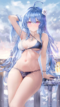 1girl absurdres age_fx ahoge arm_up armpits azur_lane bikini black_bikini blue_hair blush breasts commentary_request criss-cross_halter day flower hair_flower hair_ornament halterneck helena_(azur_lane) helena_(shimmering_triangle_wave)_(azur_lane) highres long_hair looking_at_viewer medium_breasts multicolored_bikini navel official_alternate_costume outdoors purple_eyes solo swimsuit thighs two-tone_bikini very_long_hair white_bikini white_flower