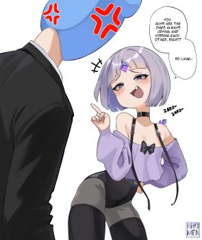 1boy 1other :d absurdres androgynous anger_vein bare_shoulders black_bow black_bowtie black_choker black_eyes black_shorts blunt_bangs blush bob_cut bow bowtie choker commentary cowboy_shot english_commentary fang forehead_jewel gem grey_hair grey_pantyhose hakimen hand_on_own_hip high-waist_shorts highres hololive hololive_english kronie_(ouro_kronii) long_sleeves off-shoulder_sweater off_shoulder open_mouth pantyhose pebble_(koseki_bijou) personification pointing purple_gemstone purple_sweater short_hair shorts simple_background smile strap sweater virtual_youtuber white_background