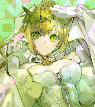 1girl blonde_hair breasts cleavage closed_mouth dress fate/grand_order fate_(series) gloves green_eyes large_breasts looking_at_viewer nero_claudius_(bride)_(fate) nero_claudius_(fate) short_hair smile solo suzuhi_(fullprayer) wedding_dress white_dress white_gloves zipper_dress