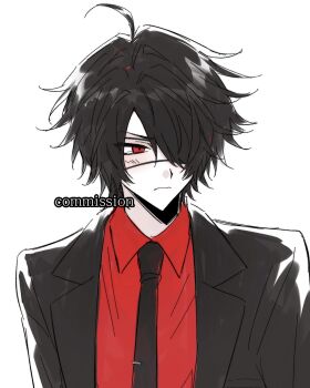 Rule 34 | 1boy, ahoge, black hair, black jacket, black necktie, blush, chinese commentary, closed mouth, collared shirt, commentary request, commission, hair over one eye, highres, iro (kakerairo), jacket, lapels, male focus, necktie, notched lapels, ooe (game), open clothes, open jacket, pale skin, red eyes, red shirt, shinbashi (ooe), shirt, simple background, slit pupils, solo, tearing up, tie clip, tsurime, upper body, variant set, watermark, white background