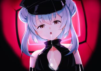 1girl bdsm blue_hair bondage bondage_outfit bound breasts dominatrix double_bun femdom hair_bun hat kantai_collection katsuten latex loli looking_at_viewer military_hat open_mouth saliva saliva_trail samuel_b._roberts_(kancolle) short_hair simple_background small_breasts yellow_eyes