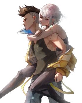 1boy 1girl absurdres arms_around_neck bare_shoulders black_leggings black_shirt carrying carrying_person closed_eyes couple cross cross_necklace cyberpunk cyberpunk_(series) cyberpunk:_edgerunners cyborg dark-skinned_male dark_skin david_martinez eyeliner hetero highres hug jacket jewelry leggings lucy_(cyberpunk) makeup mohawk multicolored_hair necklace off_shoulder pants piggyback red_lips shirt shiszukaa short_hair smile stephengiannart white_hair yellow_jacket