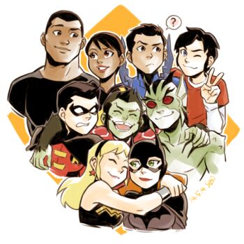 10s 2014 3girls 6+boys :3 :c ;3 ? aquaman_(series) armor artist_name barbara_gordon batgirl batman_(series) beast_boy_(dc) billy_batson black_hair black_shirt blonde_hair blue_beetle brown_eyes brown_hair bumble_bee cape cassandra_sandsmark clenched_teeth closed_eyes closed_mouth colored_skin couple dark_skin dated dc_comics domino_mask earrings emblem eye_contact eye_mask fins freckles garfield_logan gills green_eyes green_hair green_skin grin hairband head_fins hug jaime_reyes jewelry karen_beecher lagoon_boy long_hair looking_at_another mal_duncan mask monster_boy multiple_boys multiple_girls one_eye_closed open_mouth orange_hair power_armor raised_eyebrow red_eyes red_shirt robin_(dc) sen_(pixiv111638) shirt short_hair sleeveless smile solid_eyes t-shirt teeth tim_drake tooth_gap v vambraces wink wonder_girl wonder_woman_(series) young_justice:_invasion