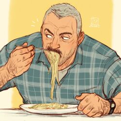 Rule 34 | 1boy, aaron gruber (o natsuo88), arm hair, bara, beard stubble, eating, facial hair, facial scar, food, food in mouth, fork, grey hair, hand hair, highres, holding, holding fork, looking to the side, male focus, mature male, mustache, notice lines, o natsuo88, old, old man, original, pasta, receding hairline, scar, scar on cheek, scar on face, shirt, short hair, simple background, solo, stubble, thick eyebrows, thick mustache, upper body, watch, wrinkled skin, wristwatch
