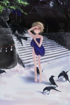 1girl absurdres barefoot bird blonde_hair bottomless closed_mouth commentary covering_privates crow day expressionless feason foliage hand_up highres higurashi_no_naku_koro_ni holding_cloth houjou_satoko loli looking_at_viewer outdoors purple_eyes rope shading_eyes shide shimenawa short_hair shrine solo stairs standing wide_shot