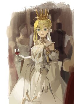 1girl ahoge artoria_pendragon_(fate) bare_shoulders blonde_hair braid breasts bun_with_braided_base cherroppi crown cup detached_sleeves dress drinking_glass fate/grand_order fate_(series) feet_out_of_frame gloves gold_trim green_eyes hair_bun hair_ribbon highres holding holding_cup looking_at_viewer lord_logres_(fate) lord_logres_(second_ascension)_(fate) medium_breasts open_mouth ribbon smile solo_focus tabard white_dress white_gloves wine_glass