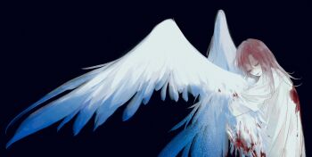 1girl absurdres alternate_costume angel_wings black_background blood blood_on_back blood_on_clothes closed_eyes from_side gradient_hair highres hugging_object long_hair mitsukyou multicolored_hair path_to_nowhere purple_hair robe severed_wings shalom_(path_to_nowhere) simple_background smile solo upper_body white_robe white_wings wings