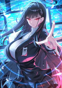 1girl black_hair black_halo blue_archive blush breasts bright_pupils commentary_request foreshortening hair_ornament hairclip halo highres large_breasts long_hair looking_at_viewer millennium_science_school_logo multicolored_halo pantyhose red_eyes rio_(blue_archive) solo suigetu26 sweater turtleneck turtleneck_sweater two-tone_halo very_long_hair white_pupils white_sweater