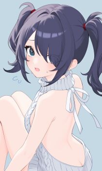 1girl ame-chan_(needy_girl_overdose) aqua_background ass back backboob bare_arms bare_back bare_legs black_eyes black_hair breasts butt_crack dress eyes_visible_through_hair flying_sweatdrops grey_sweater hair_ornament hair_over_one_eye hair_tie highres inami_(x_spidekawaii_x) looking_at_viewer needy_girl_overdose one_eye_covered open_mouth short_twintails sweatdrop sweater sweater_dress twintails virgin_killer_sweater