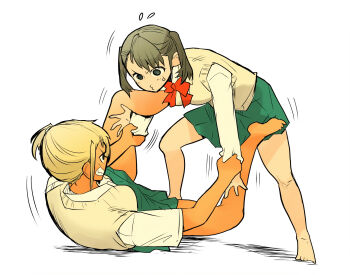 2girls bent_over blonde_hair blue_eyes bow bowtie breasts catfight clothes_grab fujita_kakuji furrowed_brow green_skirt jiu-jitsu looking_at_another lying medium_breasts multiple_girls on_back original ponytail school_uniform short_hair simple_background skirt sleeve_grab smirk standing tagme tan twintails white_background wrestling