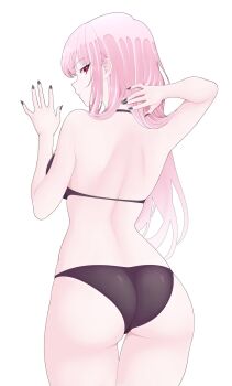 1girl arm_up ass bare_shoulders bikini black_bikini from_behind hashtag-only_commentary highres hololive hololive_english looking_back mintikmeow mori_calliope nail_polish pink_hair red_eyes solo swimsuit virtual_youtuber